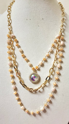 Cream & Nude Color Crystal Beads & Gold Chain Beaded Necklace with Pearl & Bling like Pendent
