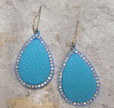 BLUE Leather TEARDROP Earrings with Rhinestone Border
