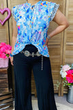 L, XL, 2X, 3X Light blue floral top ruffle cap sleeve