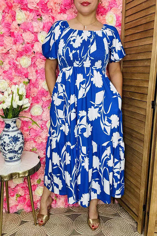 3X : Blue & White Smocked Maxi Dress