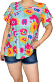 L, XL, 2X, 3X Turquoise Floral top with ruffle cap sleeves
