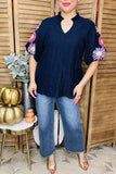 Navy Blouse With Embroidery Puff sleeve