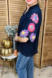 Navy Blouse With Embroidery Puff sleeve