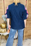 Navy Blouse With Embroidery Puff sleeve