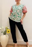Green Floral Blouse With Pink Embroidery Puff Sleeves