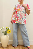 M, L, 3X Floral Top With Light Blue Striped Ruffle Trim - Loose Fit