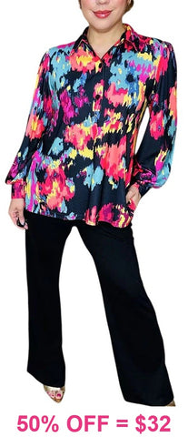 Black & Colorful print long sleeve top - Loose Fit