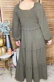 Dark Olive Smocked, layered-tiered dress