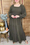 Dark Olive Smocked, layered-tiered dress