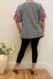 Striped Blouse with pink embroidery v-neck & puff sleeves