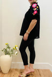 Black Blouse with floral & Birds embroidery v-neck & puff sleeves
