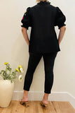 Black Blouse with floral & Birds embroidery v-neck & puff sleeves