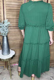 S, M, 2X, 3X : Green ruffle trim tiered dress