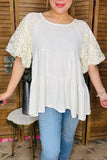 Cream layered baby doll top lace puff sleeve