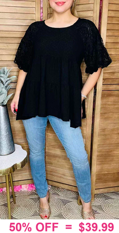 Black layered baby doll top lace puff sleeve