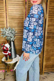 Blue Horse Stamp Printed Sheer Mesh Top