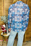 Blue Horse Stamp Printed Sheer Mesh Top