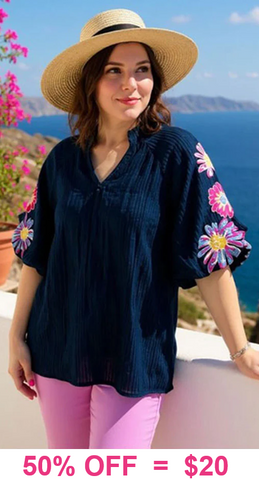 S, 2X, 3X : Navy Blouse With Embroidery Puff sleeve
