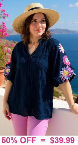 Navy Blouse With Embroidery Puff sleeve