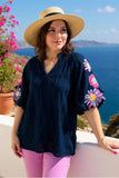 Navy Blouse With Embroidery Puff sleeve
