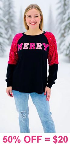 2X,3X : MERRY Hot Pink sequin long sleeve top