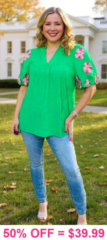 M, L, 2X, 3X : Green Blouse With Embroidered  Sleeve