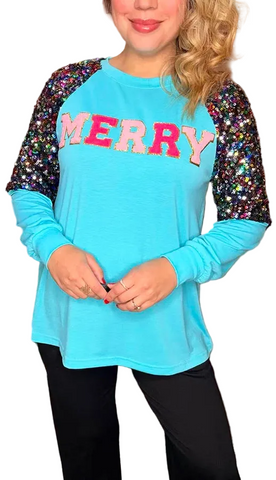 XL, 2X : MERRY Blue long sleeve sequin shoulders