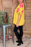Mustard blouse Hot pink embroidery flowers