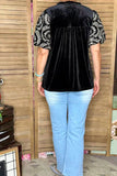 Black Velvet Blouse with embroidery puff sleeves