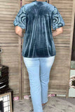 Blue Velvet Blouse with embroidery puff sleeves