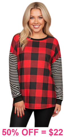 Red plaid, Striped long sleeve top