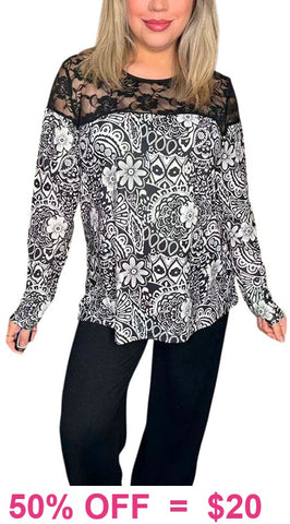 Black & White floral top with lace shoulders