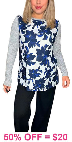 Blue floral Grey long sleeve top