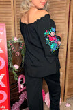 Black blouse with floral peacock embroidery
