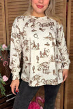 Western print long sleeve cream top