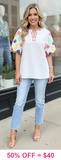 S,M,2X,3X : White Blouse Colorful Embroidery puff sleeves