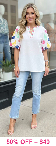 S,M,2X,3X : White Blouse Colorful Embroidery puff sleeves