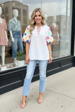 S,M,2X,3X : White Blouse Colorful Embroidery puff sleeves