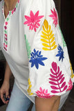 S,M,2X,3X : White Blouse Colorful Embroidery puff sleeves