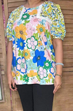 S, M, L,2X, 3X Blue & Yellow floral blouse with lace details