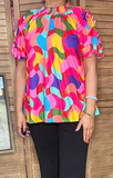Colorful mock neck top ruffle sleeves