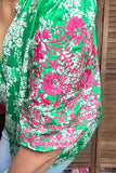 L, 2X Green Blouse with Pink embroidery puff sleeves
