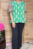 L, 2X Green Blouse with Pink embroidery puff sleeves