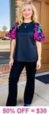 Black top with floral puff sleeves
