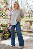 S,M L, XL  Grey stripe baby doll top with pink embroidery