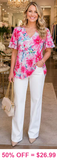 Pink floral printed top ruffle flutter sleeves
