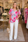 Pink floral printed top ruffle flutter sleeves