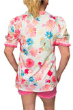 Light pink floral blouse with stripe trim