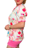 Light pink floral blouse with stripe trim