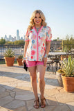 Light pink floral blouse with stripe trim